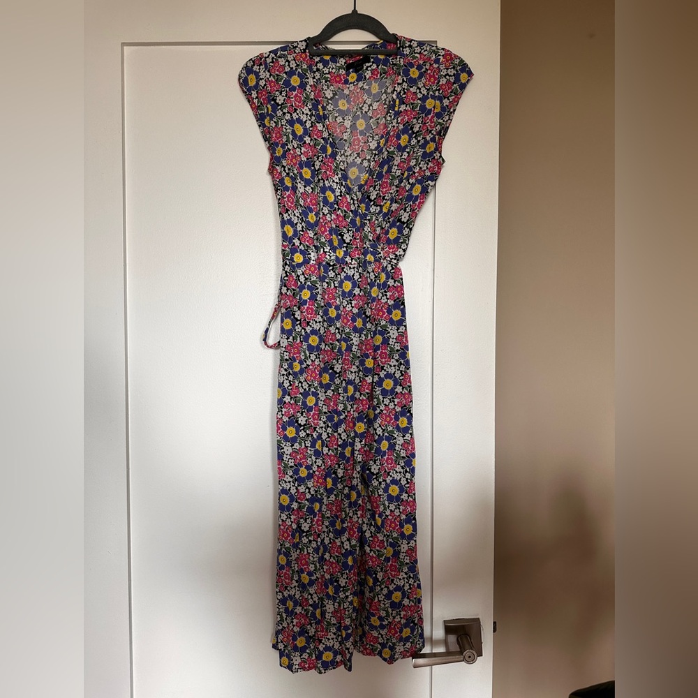 J Crew Floral Print V-Neck Wrap Cap Sleeve Midi Dress